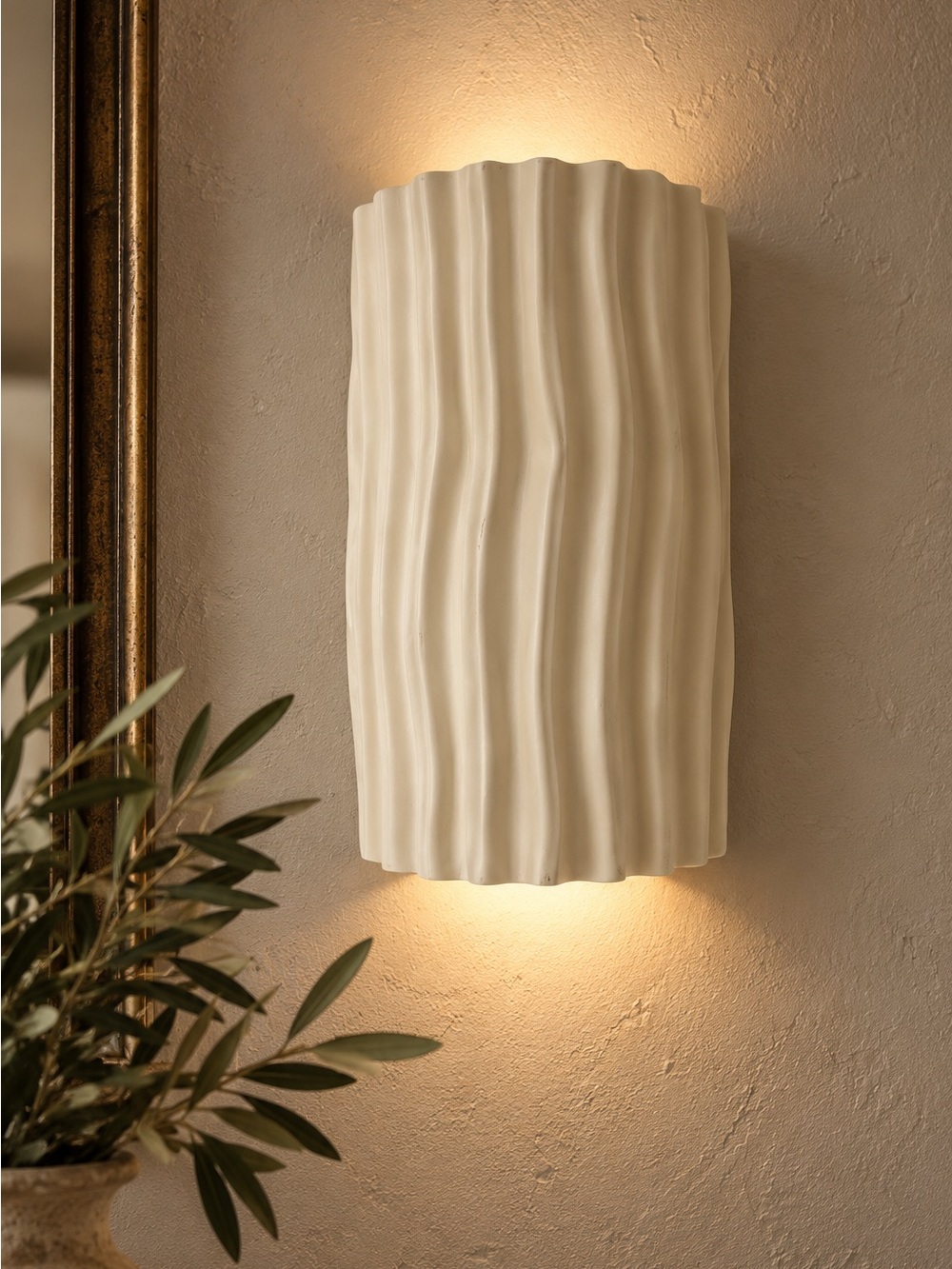 NEW Set of 2 Sculptural Wavy Ceramic Wall Sconces